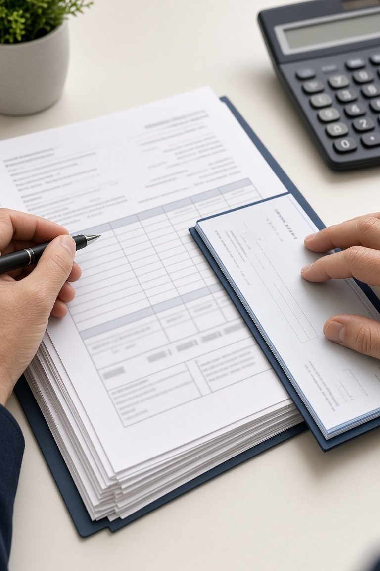 Billing and factoring paperwork with a calculator